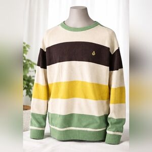 🔥 Volcom Boys Striped Knit Sweater – Green & Cream – Size XL